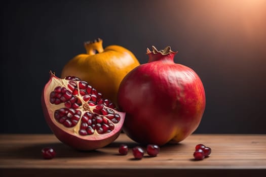 Ripe pomegranate fruit on a wooden background. Still life. ai generative
