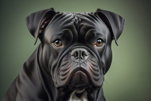 Close up portrait of a cute black dog on a orange background. ai generative