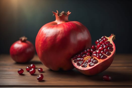Ripe pomegranate fruit on a wooden background. Still life. ai generative