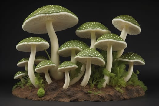 Mushrooms on a solid color background with green moss and water drops. generative ai