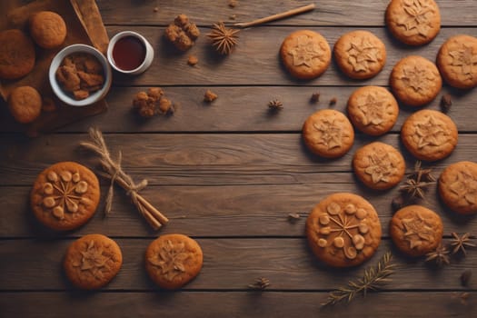 Cookies on a wooden table. Top view. ai generative