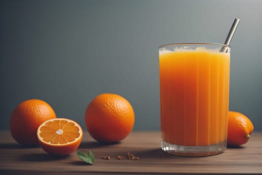 Glass of orange juice and fresh orange fruits. ai generative
