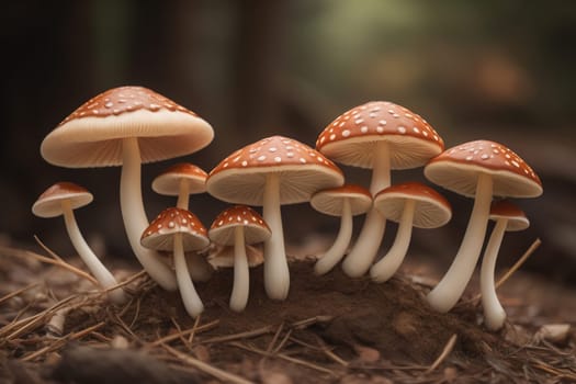 Mushrooms on a solid color background with green moss and water drops. generative ai