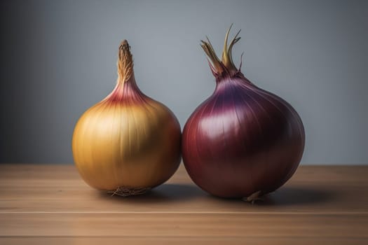 Three onions on a wooden table in front of a solid color background. ai generative