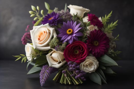 wedding bouquet of different colors on a solid color background. ai generative