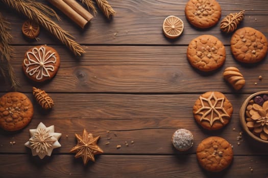 Cookies on a wooden table. Top view. ai generative