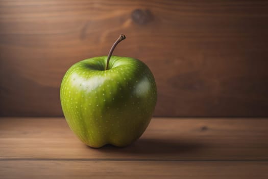 Green apple on a wooden table with dark background, shallow depth of field. The concept of healthy eating. ai generative