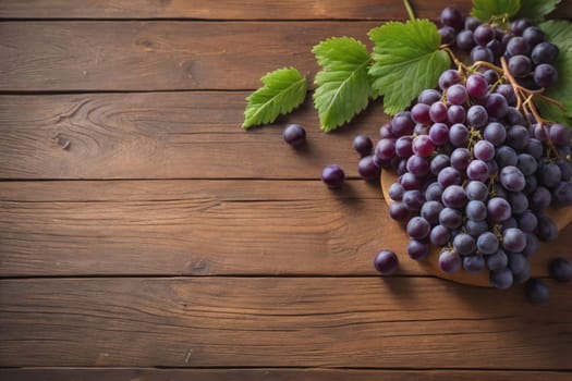 Bunch of fresh grapes on wooden table. Vintage style toned picture. ai generative