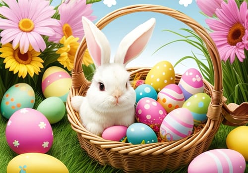 Easter bunny with colorful eggs in nest. ai generative