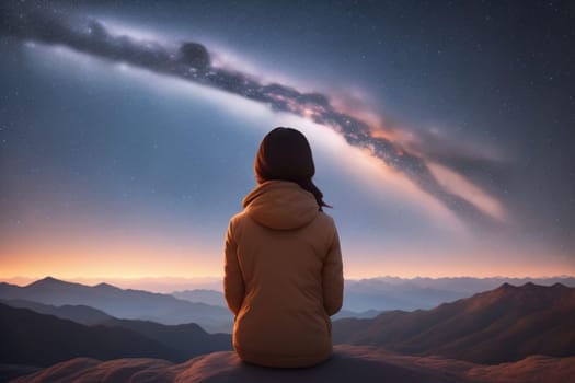 Woman looking at the starry sky with milky way in the mountains. ai generative