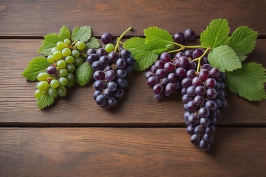 Bunch of fresh grapes on wooden table. Vintage style toned picture. ai generative