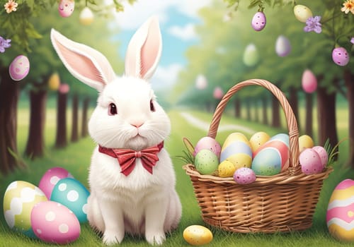 Easter bunny with colorful eggs in nest. ai generative
