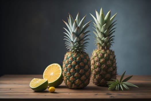 Pineapples on a wooden background. ai generative