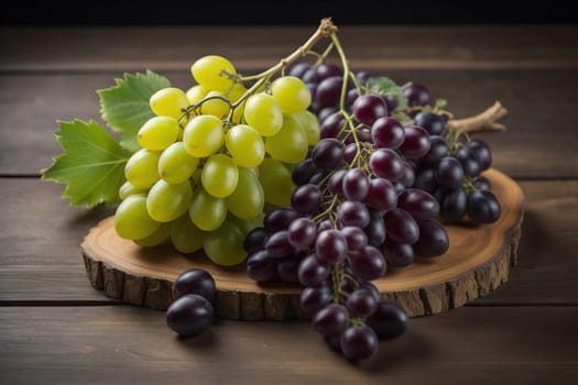 Bunch of fresh grapes on wooden table. Vintage style toned picture. ai generative