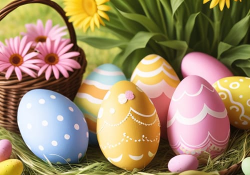 Easter bunny with colorful eggs in nest. ai generative