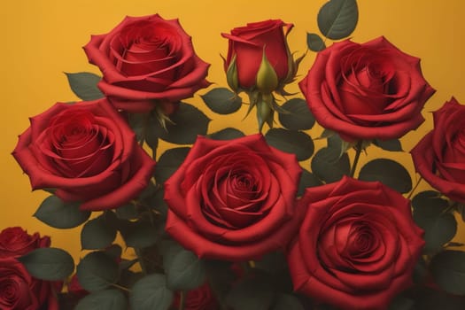 Red roses background. Top view of beautiful red roses with green leaves. ai generative