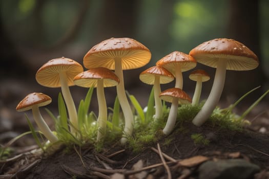 Mushrooms on a solid color background with green moss and water drops. generative ai