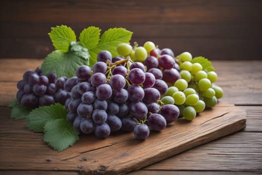 Bunch of fresh grapes on wooden table. Vintage style toned picture. ai generative