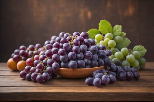 Bunch of fresh grapes on wooden table. Vintage style toned picture. ai generative