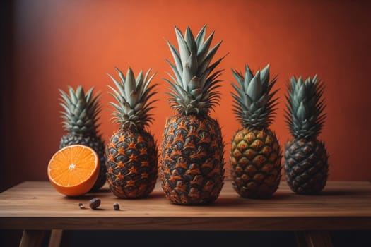 Pineapples on a wooden background. ai generative
