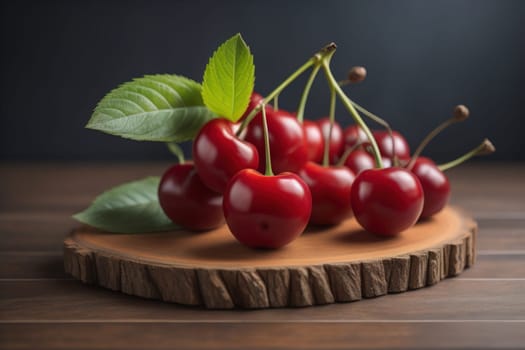 Red cherries on a wooden background. Close up. Selective focus. ai generative