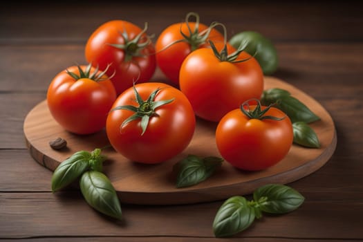 Tomatoes on a wooden table on a dark background. ai generative
