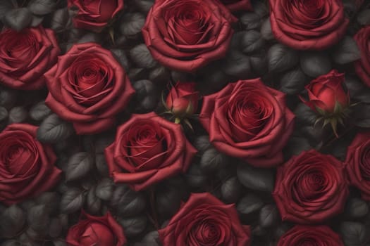 Red roses background. Top view of beautiful red roses with green leaves. ai generative