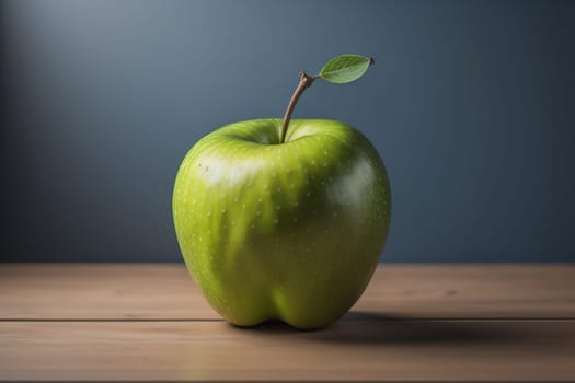 Green apple on a wooden table with dark background, shallow depth of field. The concept of healthy eating. ai generative