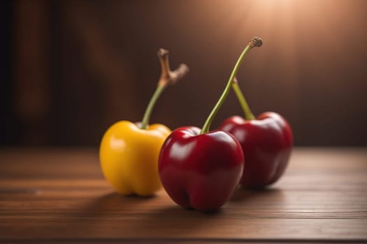 Red cherries on a wooden background. Close up. Selective focus. ai generative