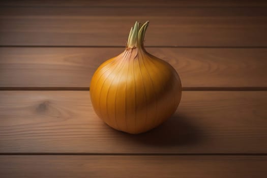 Three onions on a wooden table in front of a solid color background. ai generative