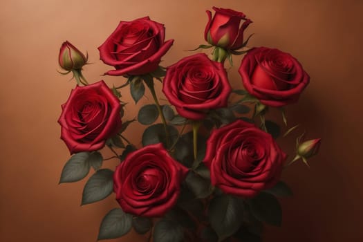 Red roses background. Top view of beautiful red roses with green leaves. ai generative