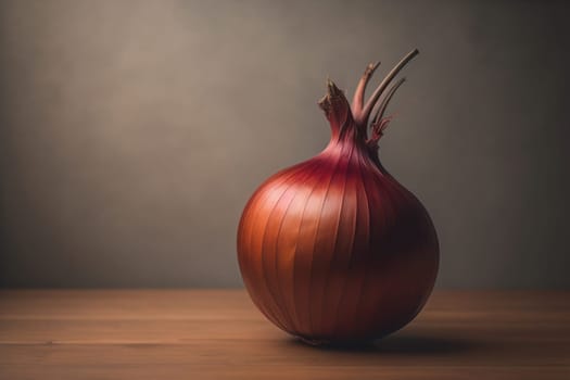 Three onions on a wooden table in front of a solid color background. ai generative