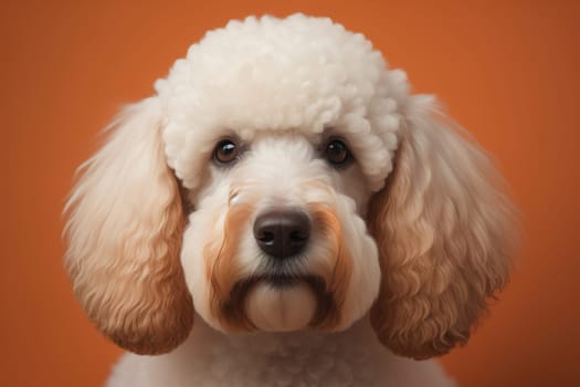 Close-up portrait of a poodle dog on a solid color background. ai generative