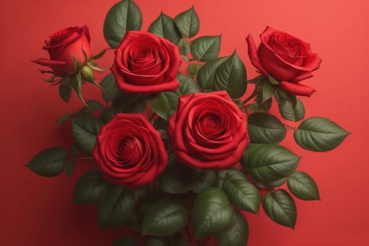 Red roses background. Top view of beautiful red roses with green leaves. ai generative