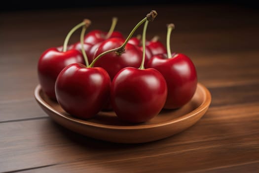 Red cherries on a wooden background. Close up. Selective focus. ai generative