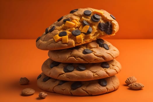 Chocolate chip cookies on orange background. Close up. Selective focus. ai generative