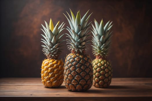 Pineapples on a wooden background. ai generative