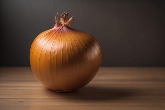 Three onions on a wooden table in front of a solid color background. ai generative