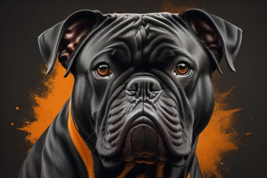 Close up portrait of a cute black dog on a orange background. ai generative