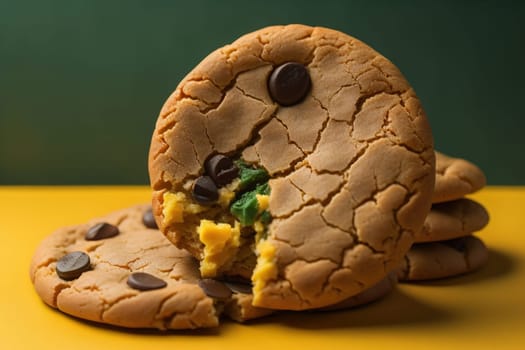 Chocolate chip cookies on orange background. Close up. Selective focus. ai generative
