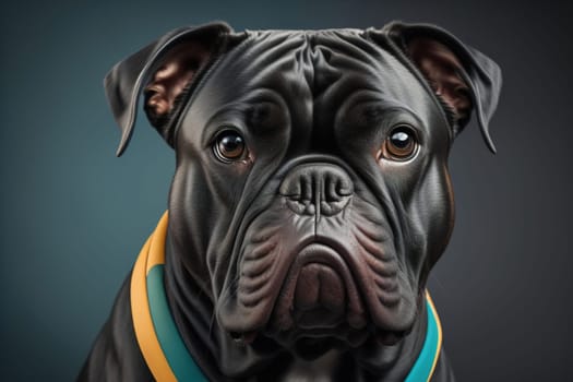 Close up portrait of a cute black dog on a orange background. ai generative