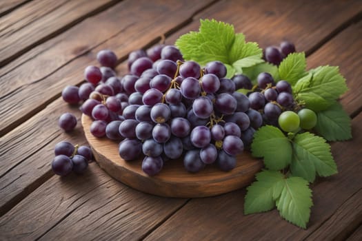 Bunch of fresh grapes on wooden table. Vintage style toned picture. ai generative