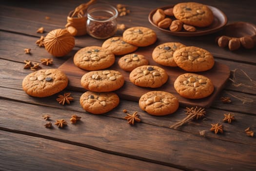 Cookies on a wooden table. Top view. ai generative