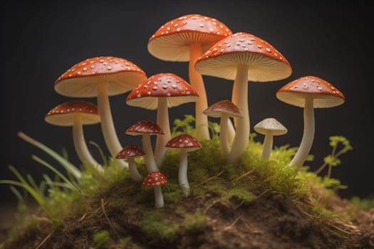 Mushrooms on a solid color background with green moss and water drops. generative ai