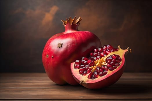 Ripe pomegranate fruit on a wooden background. Still life. ai generative