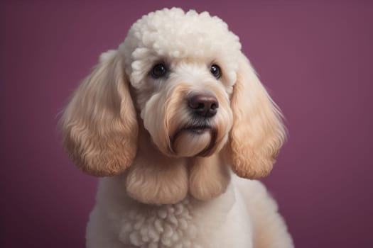 Close-up portrait of a poodle dog on a solid color background. ai generative
