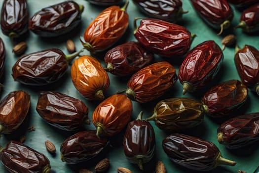 Dried fruits of date palm on a solid color background. Toned. ai generative