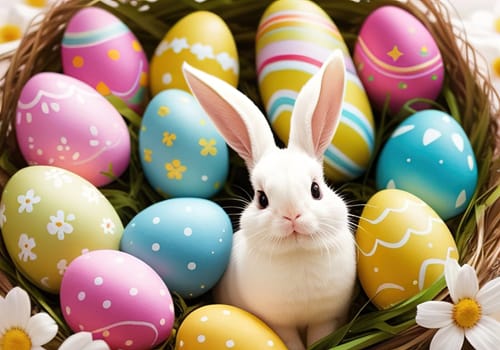 Easter bunny with colorful eggs in nest. ai generative