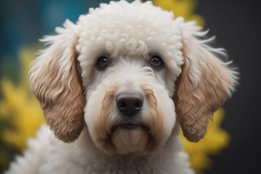 Close-up portrait of a poodle dog on a solid color background. ai generative