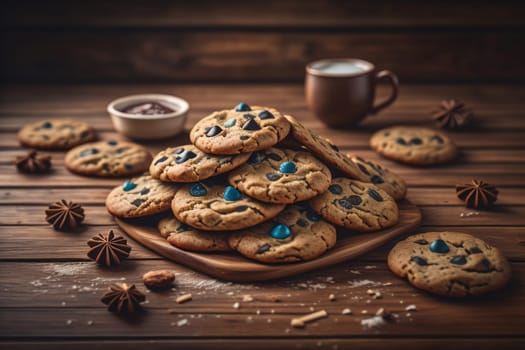 Cookies on a wooden table. Top view. ai generative